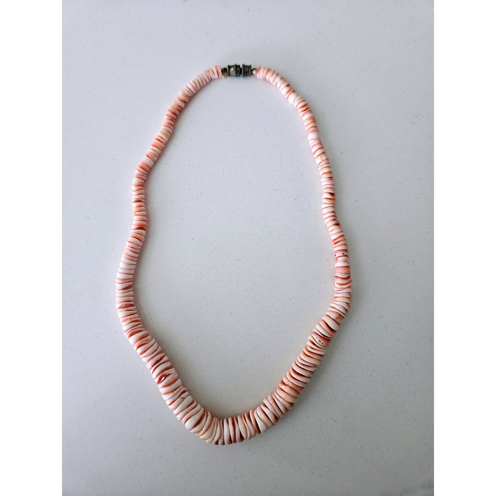 Genuine Heavy Pink & White Banded Shell Heishi Bead Necklace Boho Vtg Statement